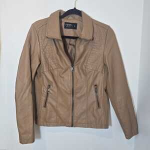 SPYM Faux Leather Moto Biker Jacket Womens Sz S Camel Quilted Zip Pockets Lined
